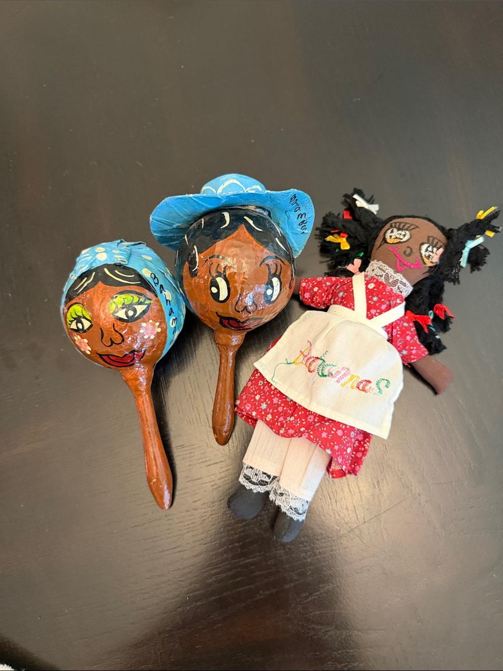 Vintage from the Bahamas Hand-Painted Wooden Maracas and Fabric Doll Set